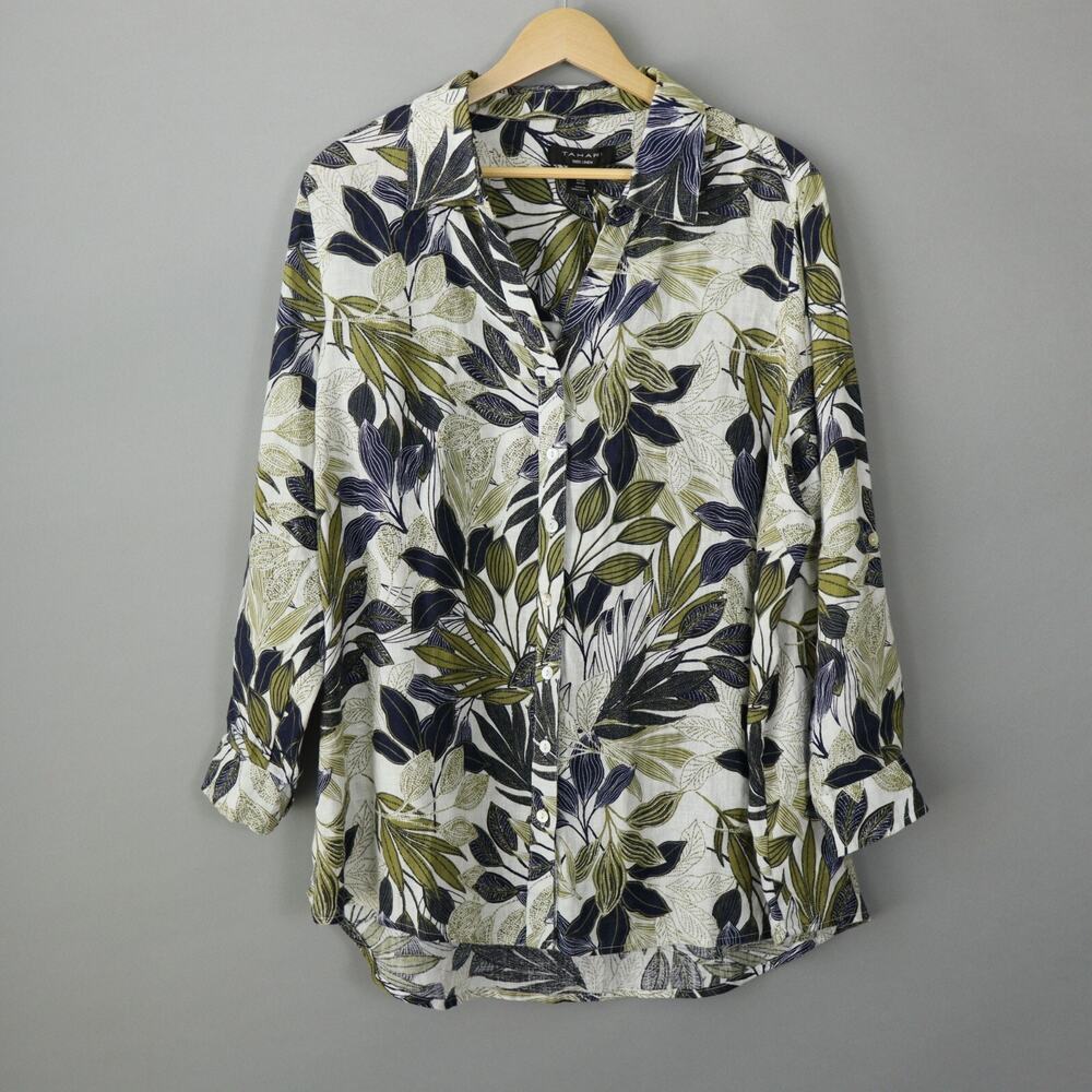 Tahari Top Plus 1X Linen Button Up White Green Roll tab Leaf Print
